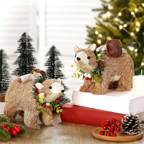 Chalyna 2 Pack Christmas Sisal Polar Bear Tabletop Decor, 9 x 6 In Polar Bear Figurine Woodland Christmas Decor Rustic Farmhouse Animals Ornament for Home Table Office Forest Mantle Seasonal Xmas Gift
