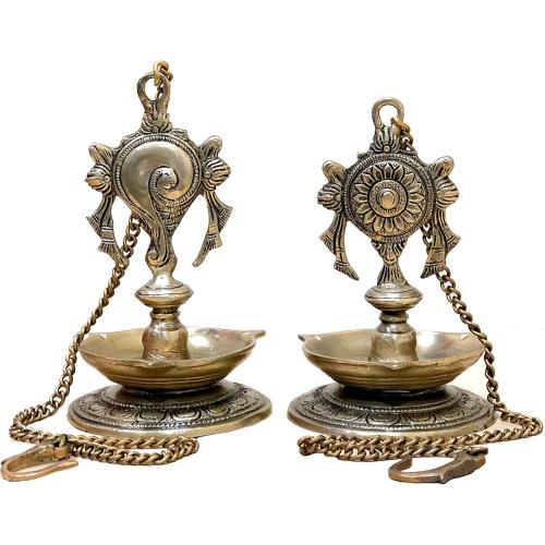 StonKraft - Pair of Brass Hanging Diya, Oil Lamp, Lamp for Home and Office (Hanging Length 25.75)