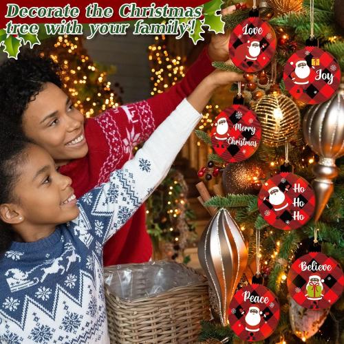 36 Pieces Black Santa African American Christmas Tree Wood Ornaments - Farmhouse Round Hanging Wishes Crafts - Buffalo Plaid Ornament for Holiday Party Wedding