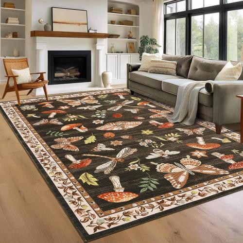 BROWN AND PINK MUTICOLOR Mushroom 10x13 Area Rug for Living Room Washable Non Slip Forest Soft Low-Pile Stain Resistant Thin Large Throw Carpet for Bedroom Dining Room Office Brown