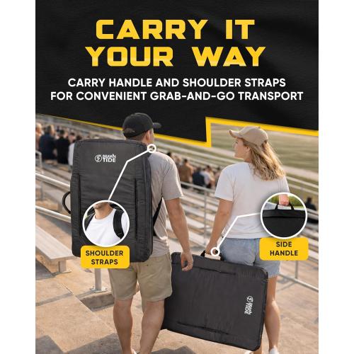 BRAWNTIDE Stadium Seat for Bleachers with Back Support - Wide Padded Reclining Bleacher Seat, Portable Folding Stadium Chair with Armrests, Hooks, Straps, Cup Holders & Pockets (Black, 23)