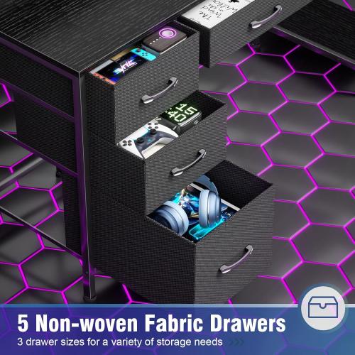 Computer Gaming Desk with Hutch, Home Office Desk with Power Outlets, LED Light, 5 Storage Drawers, 2 Tiers Shelves for Display, 39 Inch Modern Study Writing Table for Bedroom, Black
