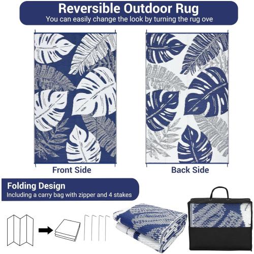 Patio Modern Leaf Print Outdoor Rug  Waterproof Large Reversible Camping Mat Foldable Lightweight Plastic Straw Outdoor Rug for Deck, Picnic, Porch, Balcony, Beach, Rv，Navy/White