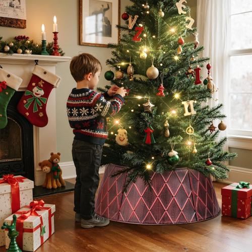 Lanpn Metal Christmas Tree Collar 28 inch, Christmas Tree Ring Collar for Medium Xmas Stand Cover Real Artificial Trees Indoor Outdoor Decoration (Red, Diamond)