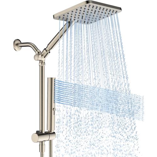 Shower Heads with Handheld Spray Combo Brushed Nickel, 10 Inch High Pressure Rain/Rainfall Shower Head, Height Adjustable Dual 2 in 1 Shower Head System with Stainless Steel Hose