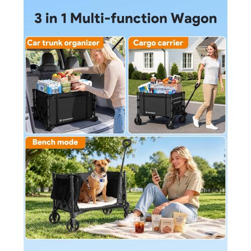 Collapsible Wagon with Wheels,120L Wagon Cart for Camping Groceries Beach | 220lbs Capacity Wagon Carts Foldablet,Smallest Folding Size,Lightweight Portable,Adjustable Handle,Transport long items