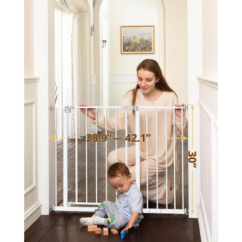 InnoTruth 28.9-42.1 Wide Baby Gate for Stairs & Doorways, 30 Tall Pressure Mounted Dog Gates for Stairs Expandable One-Hand Open, Easy Step Walk Through Dual Lock Metal Pet Gates for Dogs, White