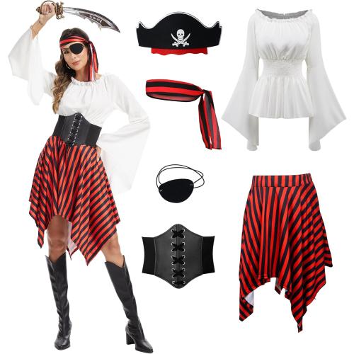Size S-M 6 Pcs Womens Pirate Costume Renaissance Shirt Dress with Head Scarf Waist Belt Medieval Costume Accessory Sets