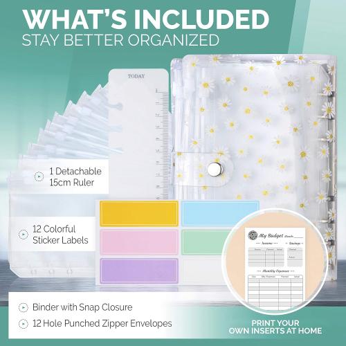 Saveyon Daisy A6 Budget Binder, 12 Clear Cash Envelopes for Budgeting, Zipper Envelopes, Money Organizer with Budget Envelopes for Saving, A Cute, Practical Solution for Organizing Your Budget