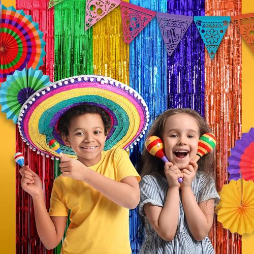 Mega-L Fiesta Taco Foil Fringe Curtains, Mexican Party Backdrop, 2 Pack