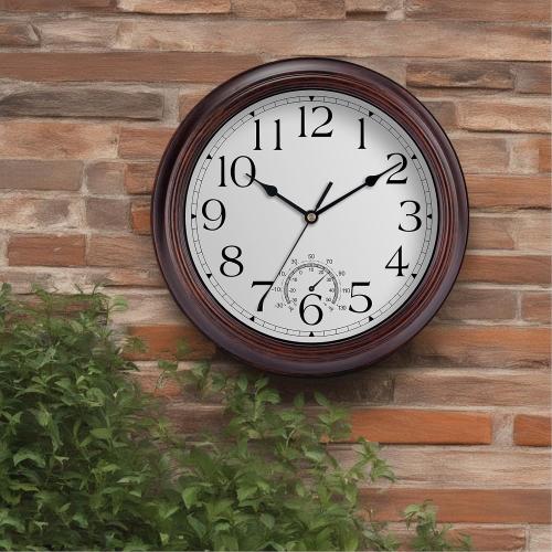 KECYET 12 Inch Outdoor Wall Clock with Thermometers, Vintage Silent Wall Clocks Battery Operated, Retro Non-Ticking Clock Decorative for Living Room, Patio, Kitchen, Office, Bathroom, Bedroom(Bronze)