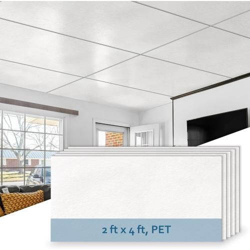 SUNWINGS 10-Pack Drop Ceiling Tiles, 24 x 48 White PET Decorative Ceiling Felt, 2ft x 4ft PET Waterproof Fire-Rated Covering Panels for Kitchen Bathroom Basement, Cover 80 Sq. Ft.