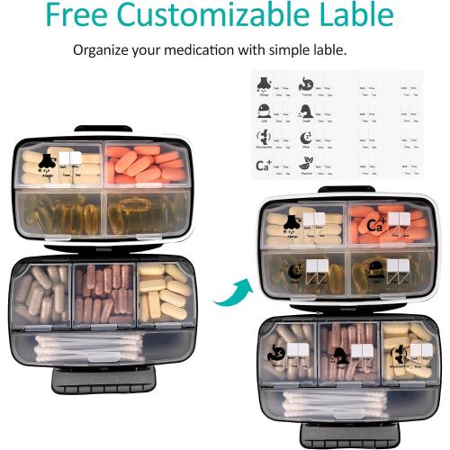 Travel Pill Organizer Large Portable Medication Organizer, Fullicon Oversize 8 Compartment Pill Box, Vitamin Travel Case Pill Holder - Airtight & Moistureproof (Blue)