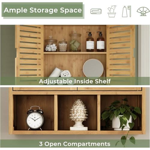 Bathroom Wall Storage Cabinet, Bamboo Medicine Cabinet with Doors and Adjustable Shelves, Bathroom Medicine Cabinet Wall Mount, Wall Mounted Over-the-Toilet Storage Cabinet