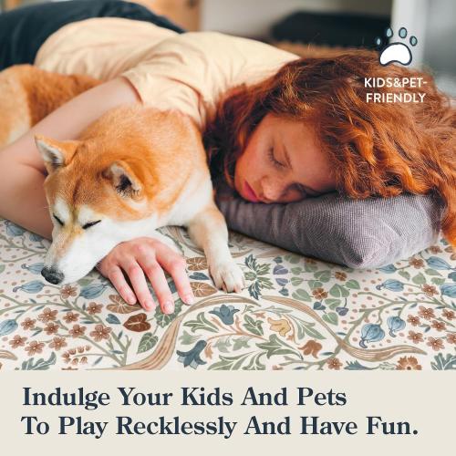 Lahome Floral 3x5 Beige Nursery Rug, Non-Slip Washable Area Rugs for Dorm Bedside Entryway, Botanical Soft Boho Carpet for Kids Room, Entrance Indoor