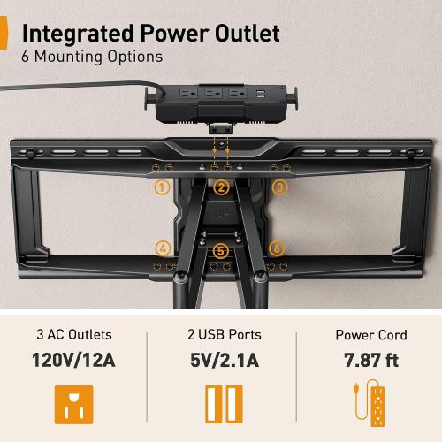 Perlegear Full Motion TV Wall Mount with Power Strip for 42–90 Inch TVs | TV Mount up to 150lbs, Pre-Assembled, USB charging, Smooth Swivel, Tilt, Extension, VESA 600x400mm, 12/16/24 Wood Studs