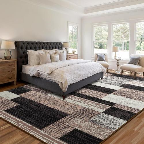 Large Area Rugs,Modern Geometric Patchwork Floor Decor for Bedroom Aesthetic Carpet, Rockwood Collection, Indoor Rugs for Living Room Dining Room Nursery Office Machine Washable Rug, Chocolate