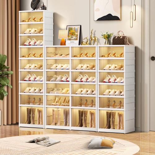 White 9-Tier Foldable Shoe Rack Organizer for Closet,36Pairs Collapsible Plastic Shoe Shelf,Large Shoes Cabinet with Door,Clear Stackable Storage Box Easy Assembly