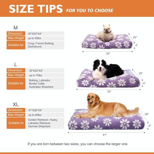 Dog Bed, Cute Thick Dog Bed for Crate Kennel, Fluffy Pet Bed with Removable Washable Cover and Anti-Slip Bottom Purple Flower
