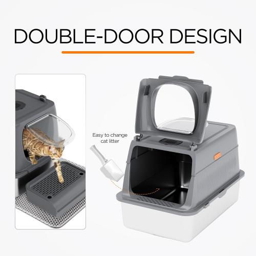 Trivic Stainless Steel Cat Litter Box with Lid,XL Extra Large Enclosed Removable Metal Litter Box with Litter Scoop&Double Layer Litter Mat,Non-Sticky，Non-Odor,Easy Cleaning, for Big Cats Dark Grey