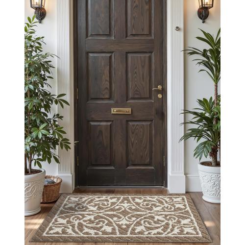 DEXI Front Door Mat Entryway, Inside Welcome Entrance Doormat Low Profile Thin, Non Slip Washable Entry Mats for House Floor Dirt Trapper, 24x36, Brown