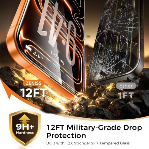 Zeniss NeverBreak 9H  Hardness for iPhone 17 Pro Screen Protector 12FT Military Grade Protection (Scratch, Shatter, Drop Resistance) Tempered Glass 6.3, 2 Pack with De-Bubble Card, Clear