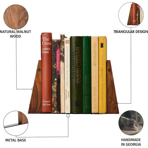 TILISMA Walnut Bookends for Shelves | Wooden Book Ends for Shelves | Sturdy Book Holders, Stoppers with Metal Base for Bookshelves | Slick Decorative Bookends Stands Firmly on Bookshelf (4 Pairs)