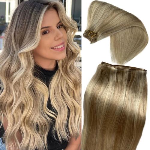 Sew in Extensions Human Hair 24Inch 120Grams Blonde Highlights Hand Tied Weft Hair Extensions Light Brown Mix Platinum Blonde Straight Weft Hair Extensions Real Human Hair Double Weft Sew in Bundles
