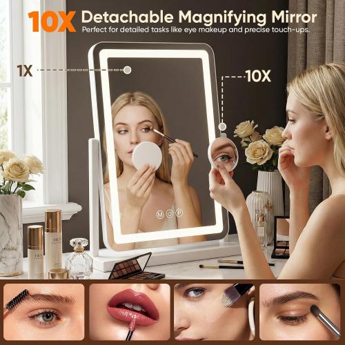 Antok Vanity Mirror with Lights, 14X18 Lighted Makeup Mirror, Smart Touch, 3 Color Modes and Brightness Adjustable, LED Vanity Mirror with Detachable 10X Magnification, 360° Rotation for Makeup Desk