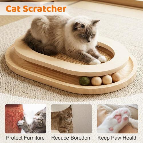 Cat Scratcher, Natural Sisal Cat Scratcher Pad & Interactive Kitten Toy with Ball Track and Catnip Ball for Indoor Hunting, Sleeping Physical Exercise, Puzzle for Small to Large Cats