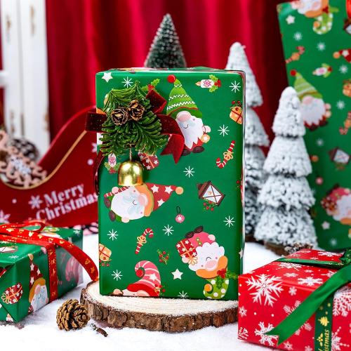 MAYPLUSS Gnome Wrapping Paper Roll, Reversible Green Christmas Wrapping Paper, Adorable Gnome Winter Holiday Gift Wrap With Snowflakes Design for Present Wrap, Packaging Supply (17 Inch X 33 Feet)