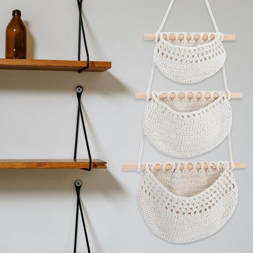 Convenient Fruit Basket Hanging Storage Basket Made of Cotton Rope and Wood with Practical Design and Fresh-keeping Feature for Living Room and Dining Room