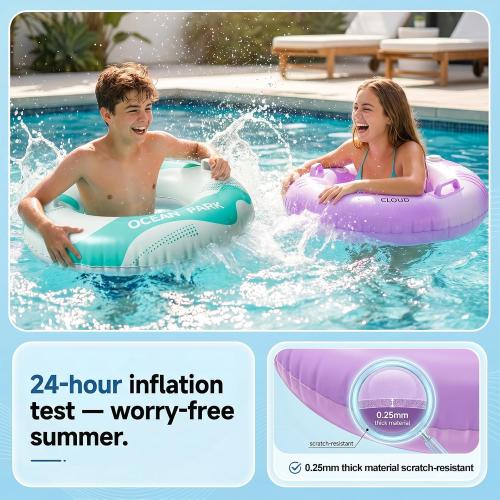 2 Pack Pool Floats for Kids & Adults Built-in Press Pump Inflatable Swim Rings with Handles, Water Tubes for Summer Beach Party Pool