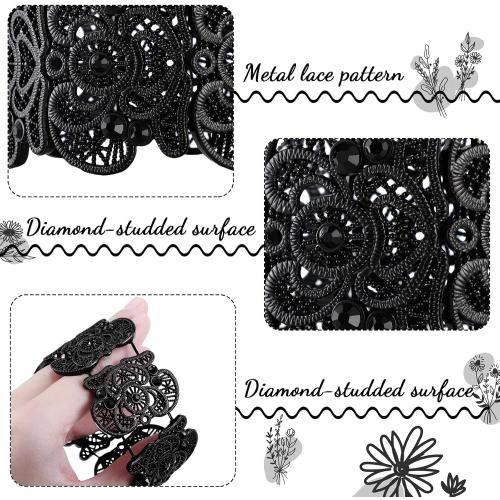 2 Pieces Black Bracelet for Women Gothic Vintage Filigree Jewelry Ladies Cuff Bracelets Bohemian Lace Bracelet Lace Cuff Bangle Wide Stretch Rhinestone Statement