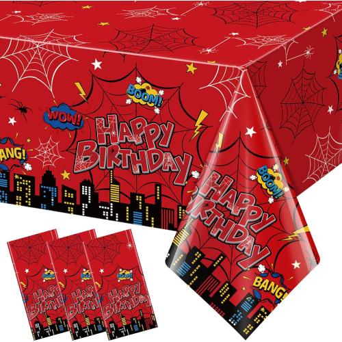 3Pcs Spider Birthday Party Tablecloth Decorations, Disposable Plastic Cartoon Spider Tablecloths Red Table Cover for Rectangle Table Boy’s Birthday Party Supplies, 54x108 inches