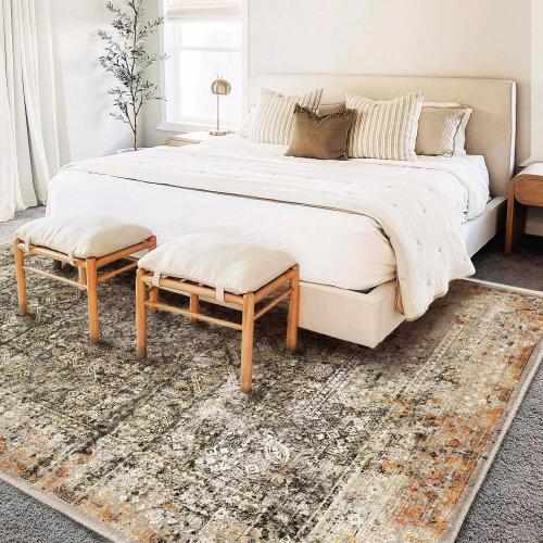 CHAMPLANT Area Rug 9'x12' Washable Vintage Traditional Mat Distressed Indoor Foldable Thin Retro Accent Floral Print Non Slip Carpet for Living Room Dining Room Office Large Rugs