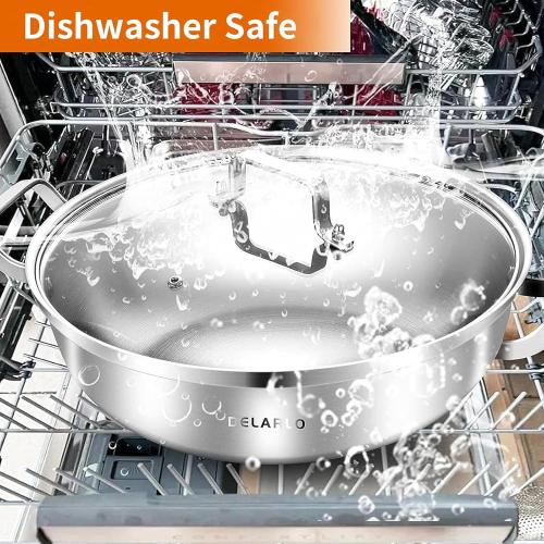 Delarlo Tri-Ply Stainless Steel Hot Pot 14 inch Everyday pan With lid, Everything Pan, Durable Deep Saute Pan, 7QT Induction Cooking Pot,Woks & Stir-Fry Pans Oven Safe Stock Pot