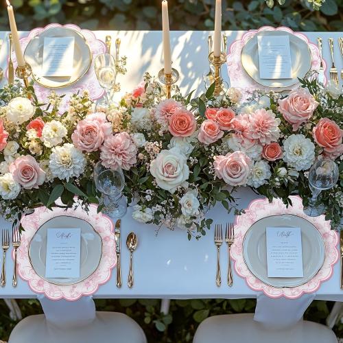 60 Pcs Pink Floral Paper Placemat, 13.5 Inch Disposable Scalloped Table Mat