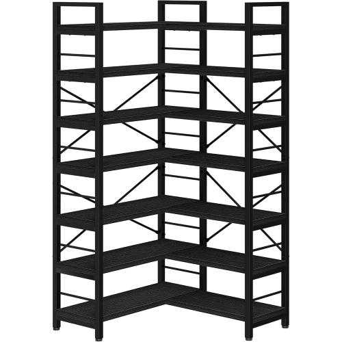 7-Tier Corner Bookshelf, Reversible Wooden Shelves, Industrial Bookcase with Open Shelves and Sturdy Metal Frame, Display Shelf Storage Rack for Living Room, Bedroom, Home Office (Black)