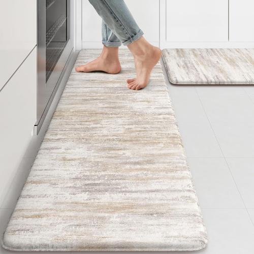 Anti Fatigue Kitchen Mats for Floor 2 Piece, Cushioned Abstract Kitchen Rugs,Memory Foam Kitchen Floor Mats, Standing Desk Mats for Laundry, Office, Sink Light Brown Multi