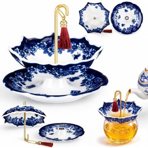 Umbrella Tea Strainer Chinese Blue and White Porcelain Strainer Umbrella Shape Ceramic Tea Infuser with Rotating Design Multi Purpose Infuser for Kung Fu, Coffee, Brewing