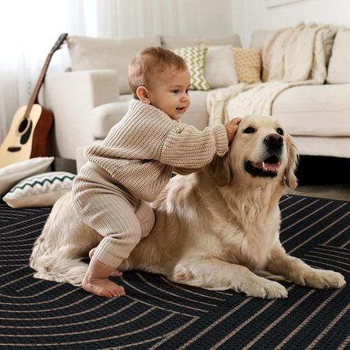 Tangsoo Modern Easy Jute Rug 8x10 Washable Area Rugs for Living Room,Black Non Slip Indoor Outdoor Carpet,Farmhouse Large Throw Mat for Balcony Backyard Dining Room Home Office Decor(Gently used condition)