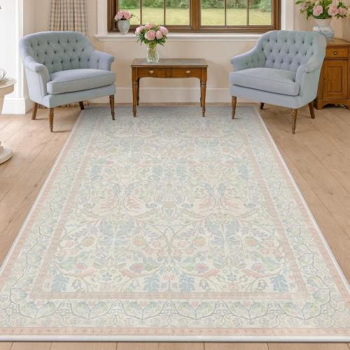 Light Pink 6x9 Girl Bedroom Rug Low Pile & Soft, Botanical Floral Washable Area Rug for French Country Living Room, Nuresry, Pastel Pink Non Slip Soft Kids Room Décor