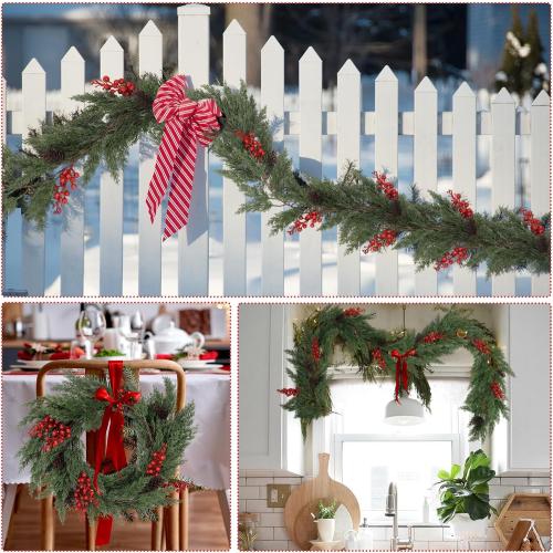 RECUTMS Christmas Pine Garland 6.2FT Artificial Christmas Cedar Garlands with Pine Cones Red Glitter Berry Stems Faux Cypress Wreath for Door Window Wall Mantel Indoor Outdoor Xmas Decor(Red Berry)