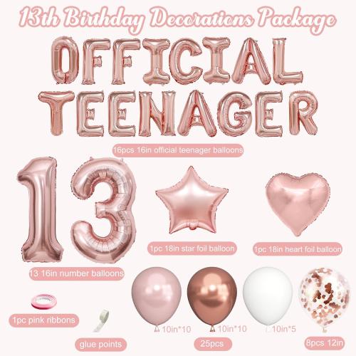 13th Birthday Party Decorations for Girls, Rose Gold Official Teenager Foil Balloons 13th Birthday Banner Fringe Curtain Crown Sash Paper Pompoms Cake Topper for 13 Year Old Girls Party Favor Supplies