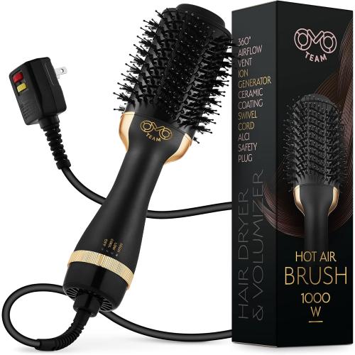 Professional Blowout Hair Dryer Brush, Black Gold Dryer and Volumizer, Hot Air Brush for Women, 75MM Oval Shape (Black Gold)