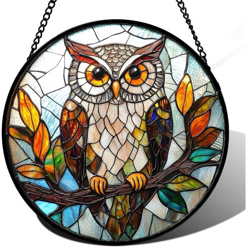 DASTOLL Stained Glass Window Hanging, Owl Colorful Leaves Birds Sun Catchers Diamond Glass Panel Hangings Suncatcher Decor for Birthday for Women, Men, Wife, Aunt, and Mom 14.9x14.9 in