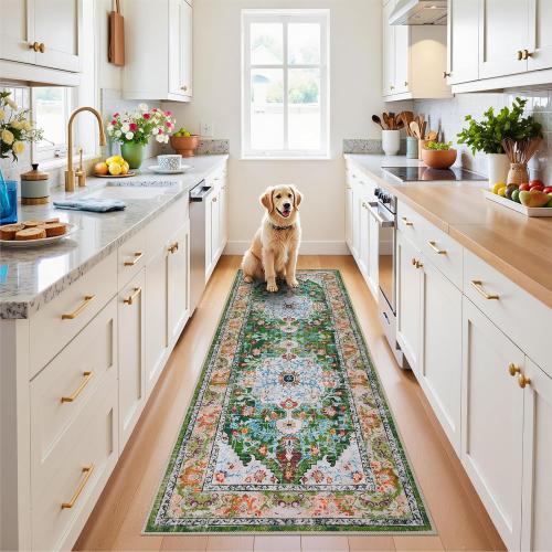 U'Artlines 2' x 6' Boho Hallway Runner Rug, Non Slip Washable Vintage Farmhouse Kitchen Rug Accent Area Carpet for Entryway Laundry and Living Room (Green)