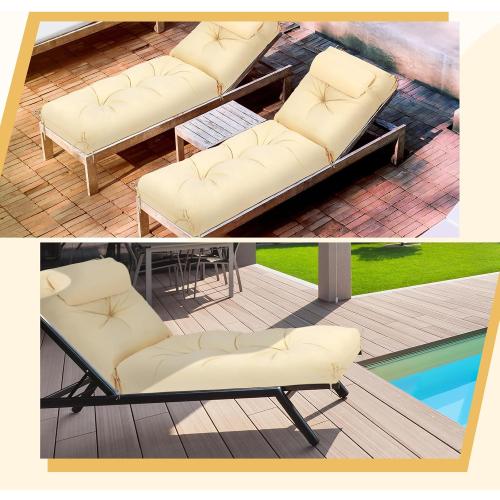 Wenqik Set of 2 Outdoor Chaise Lounge Cushions 76 x 22 x 6 Inch Waterproof Patio Furniture Chaise Cushion with Headrest Pillow Thick Tufted Lounge Pad for Lawn Pool Hotel(Beige)