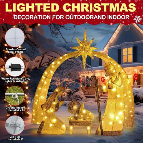Christmas Decorations 55-inch Illuminated 2D Outdoor Nativity Scene, Christmas Arch Holy Family Yard Decoration, Includes LED Lights, Ground Pegs, and Cable Ties.